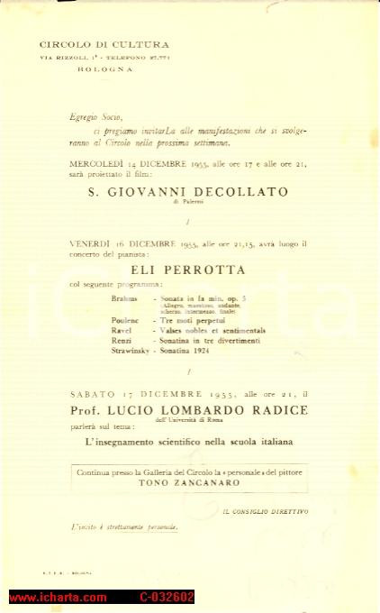 Manoscritto, lettera originale 1955 Bologna, Circolo di Cultura di via Rizzoli Programma 1
