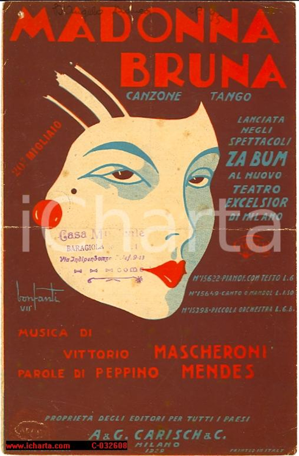 Oggetto da collezione cartaceo 1929 Madonna Bruna - Canzone tango *Mascheroni 1