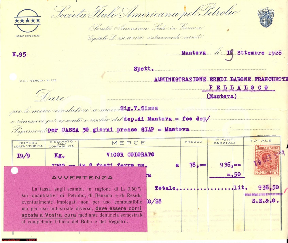 Documento originale, autentico 1928 MANTOVA Società Italoamericana pel petrolio Fattura intestata 1