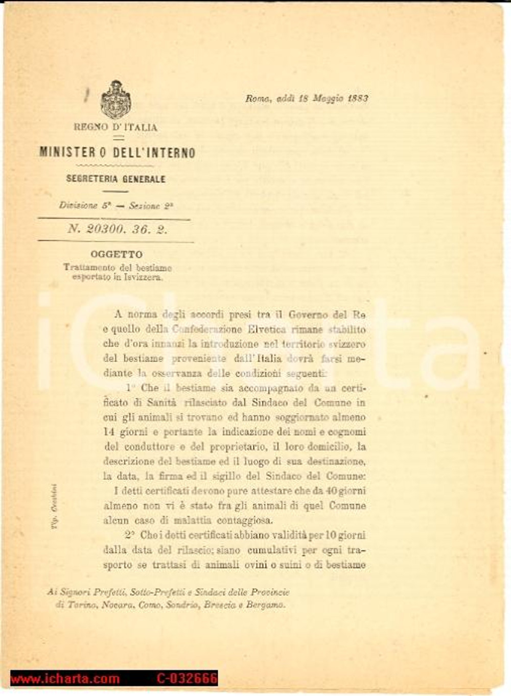 Documento originale, autentico 1883 - l'esportazione di bestiame in Svizzera 1
