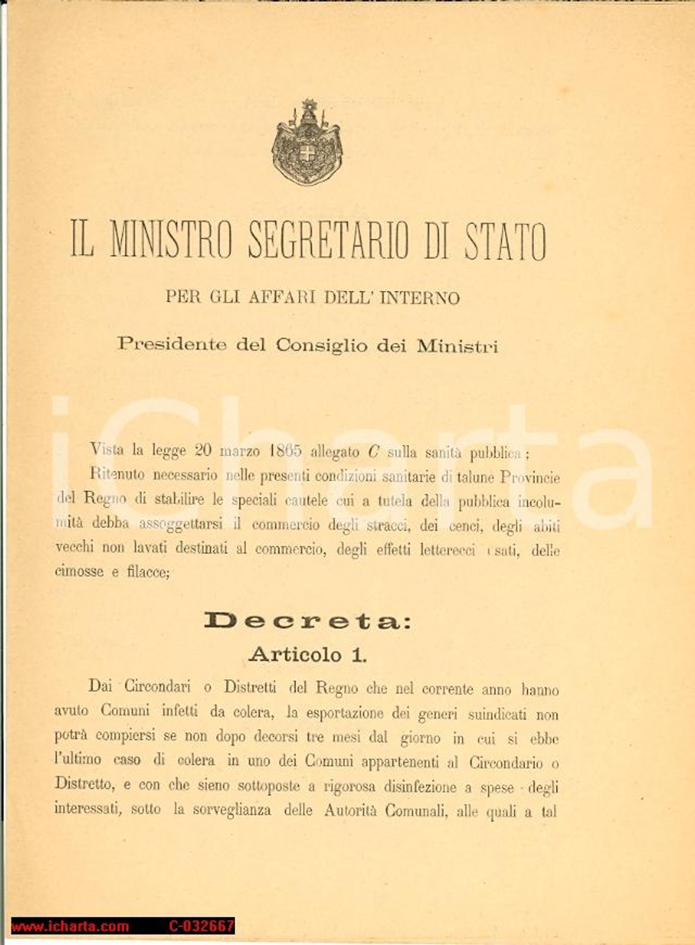 Documento originale, autentico 1886 - straccivendoli e lotta al COLERA 1