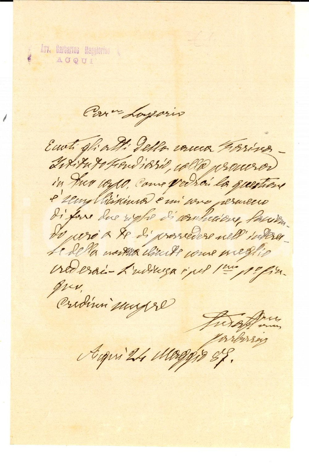 Documento originale, autentico 1887 ACQUI TERME (AL) Avv. Maggiorino GARBARINO ottimista su causa *Lettera 1