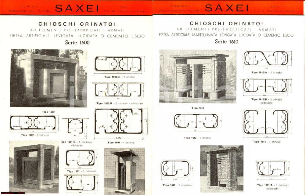 Materiale pubblicitario d’epoca 1950 CHIOSCHI ed ORINATOI Saxei Torino 1