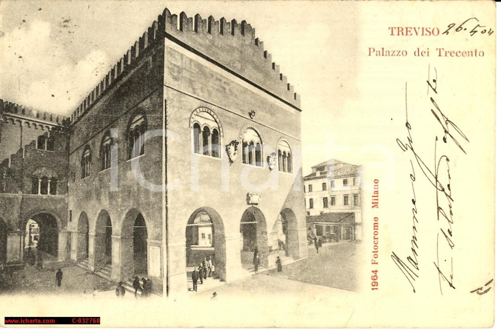 Cartolina originale da collezione 1904 Treviso - Palazzo dei Trecento - animata 1