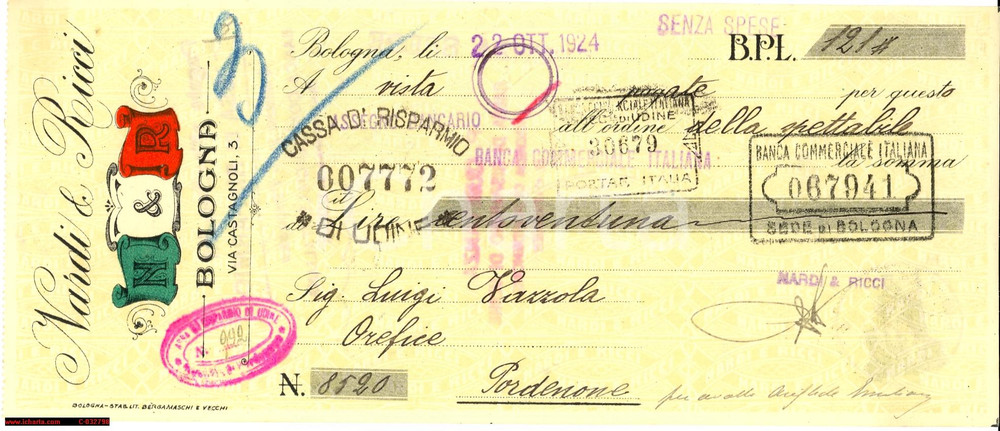 Documento originale, autentico 1924 BOLOGNA CAMBIALE PUBBLICITARIA  DELLA DITTA NARDI E RICCI 1
