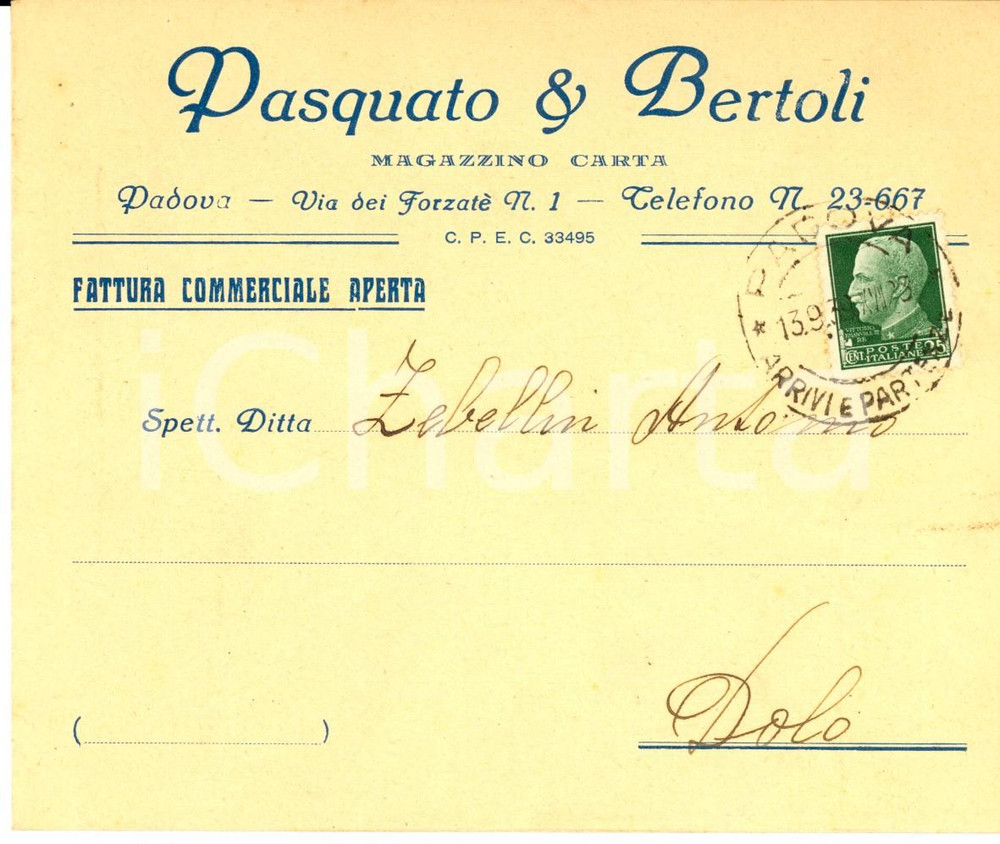 Manoscritto, lettera originale 1939 PADOVA Ditta PASQUATO & BERTOLI Magazzino carta Busta intestata 1