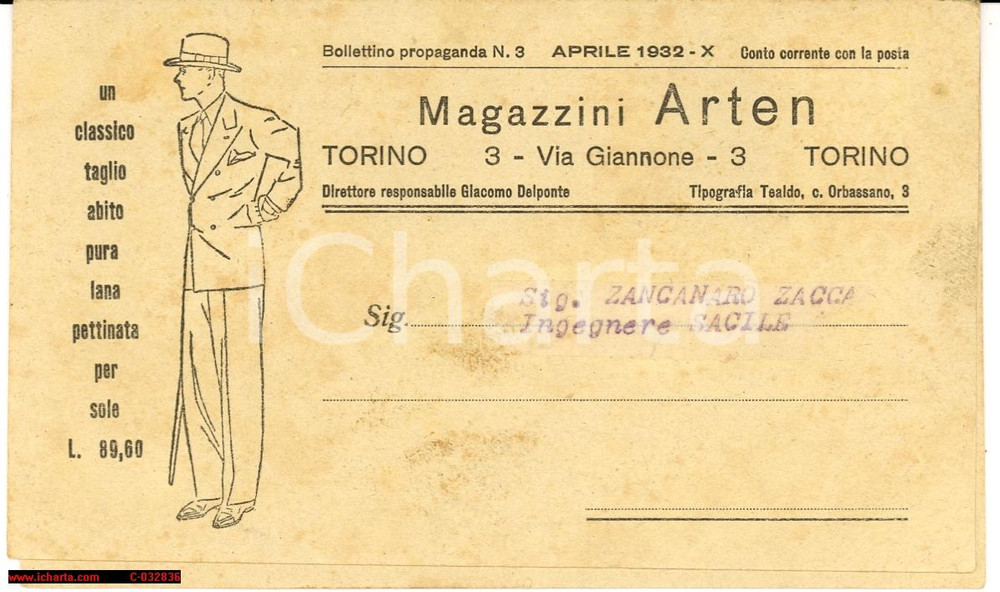 Materiale pubblicitario d’epoca 1932 Torino MAGAZZINI ARTEN cartolina pubblicit. 1