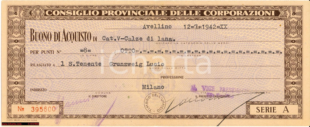 Oggetto da collezione cartaceo 1942 WW2, Avellino, Buono d acquisto calze di lana 1