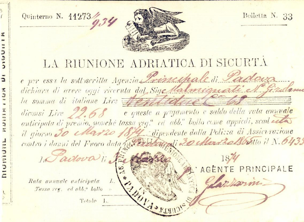 Documento originale, autentico 1874 PADOVA RIUNIONE ADRIATICA SICURTA' Ricevuta Girolamo MALMIGNATI 1