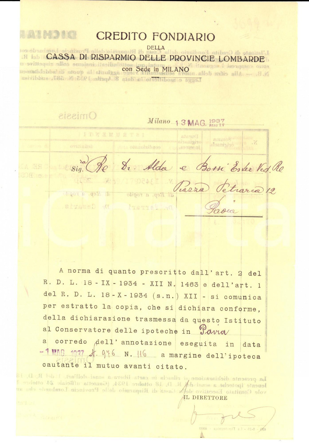 Documento originale, autentico 1937 MILANO Cassa di Risparmio PROVINCIE LOMBARDE Dichiarazione per Alda RE 1