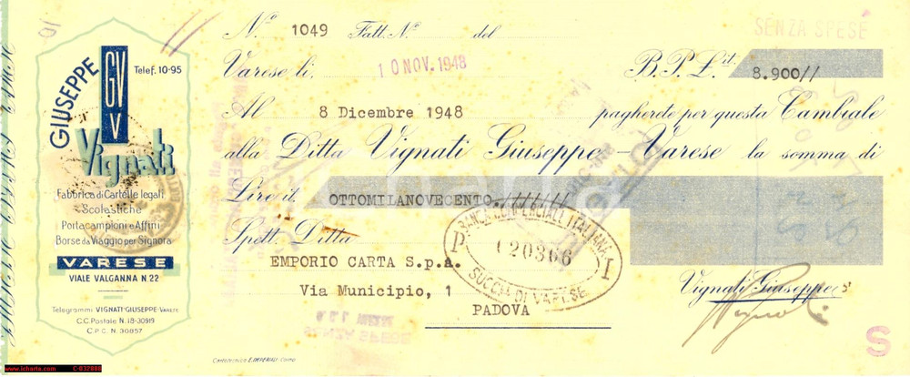 Oggetto da collezione cartaceo 1948 VIGNATI GIUSEPPE VARESE cambiale pubblicitar 1