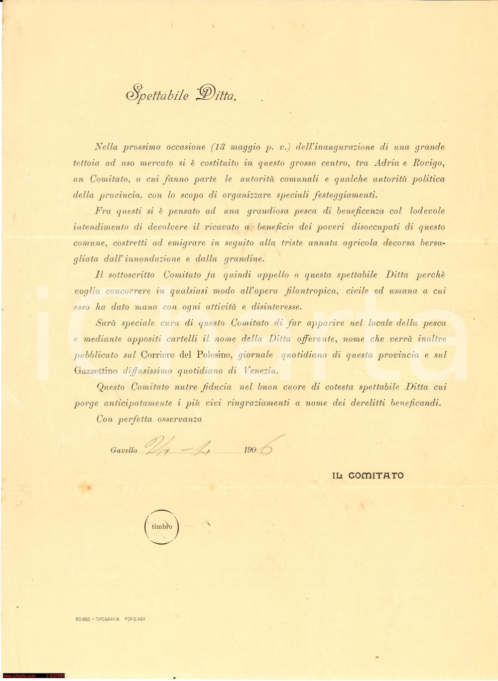 Documento originale, autentico 1906 GAVELLO (RO) Inondazione e grandine - lettera 1