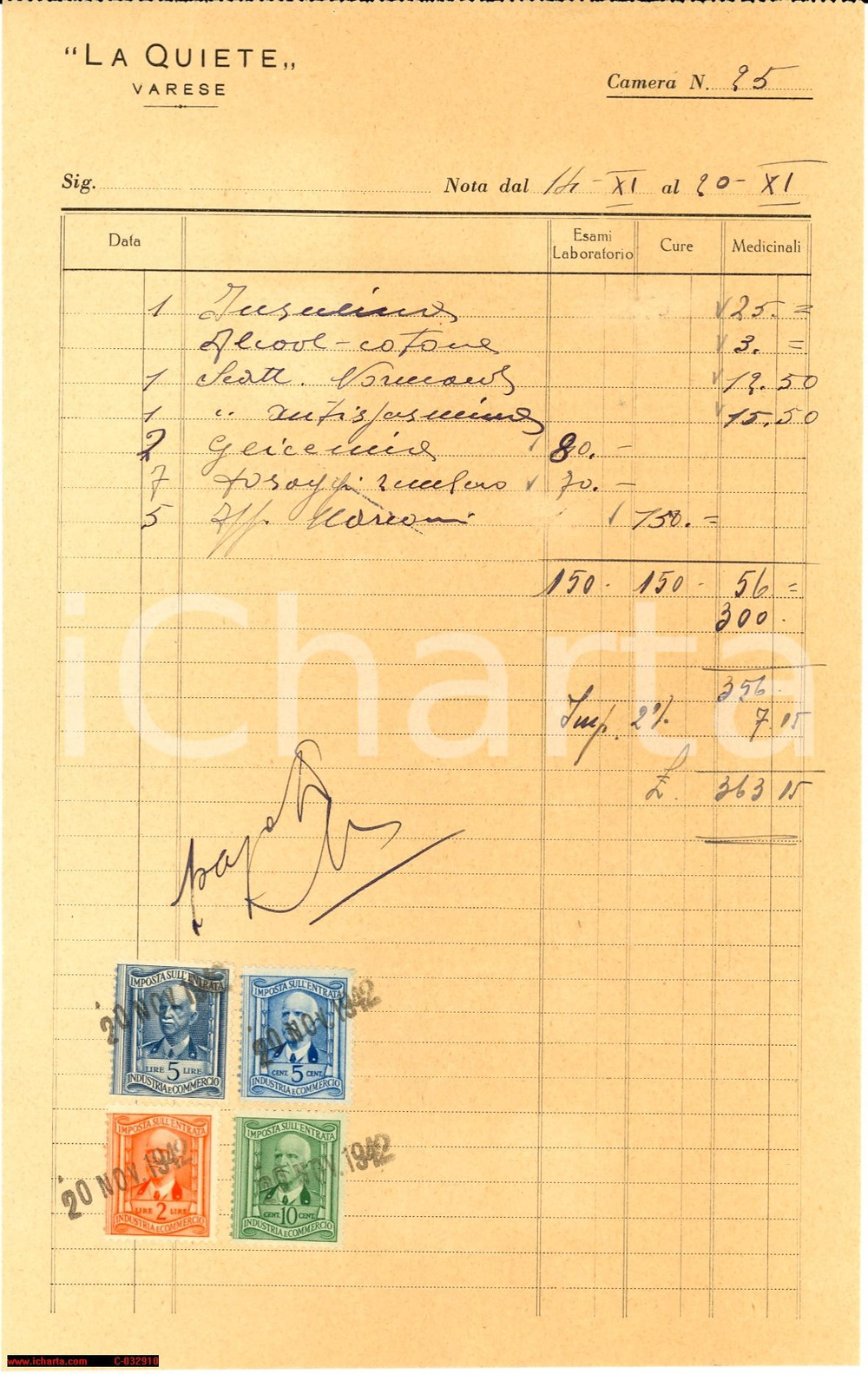 Documento originale, autentico 1942 VARESE Casa di Cura LA QUIETE ricevuta 1