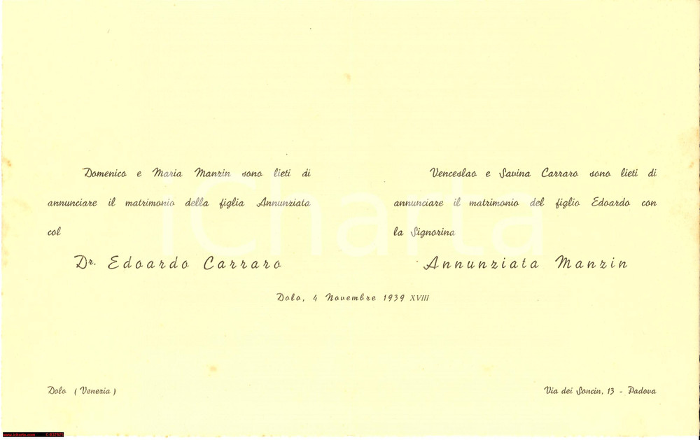 Documento originale, autentico 1939 DOLO VE Edoardo CARRARO Annunziata MANZIN annunciano matrimonio 1