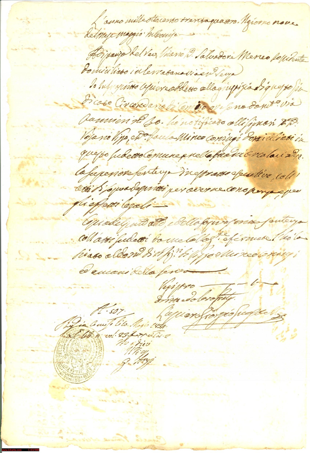 Documento originale, autentico 1834 GIARRATANA (RG) Notifica sentenza coniugi RIZZO 1