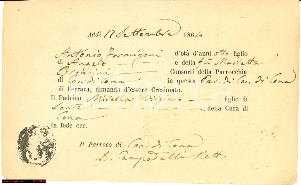 Documento originale, autentico 1864 COCOMARO DI CONA FE cresima Antonio FORMIGONI 1