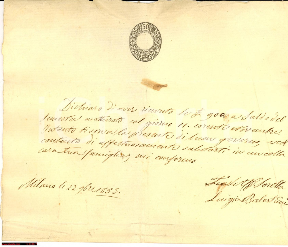 Documento originale, autentico 1853 MILANO Rendite delle sorelle BALESTRINI Manoscritto 1