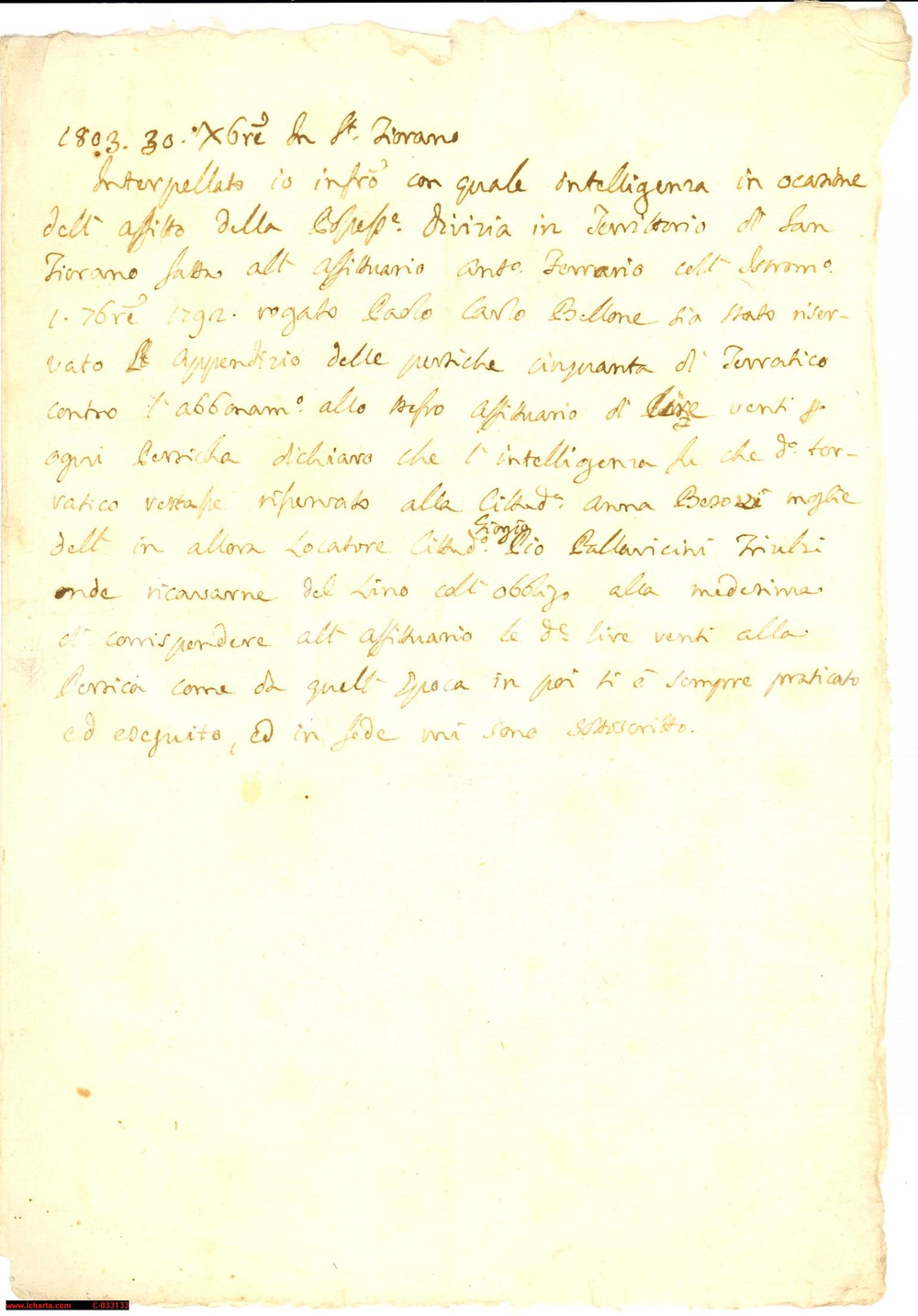Documento originale, autentico 1803 SAN FIORANO (LO) Affitto podere Pio PALLAVICINI TRIULZI per coltivare lino 1
