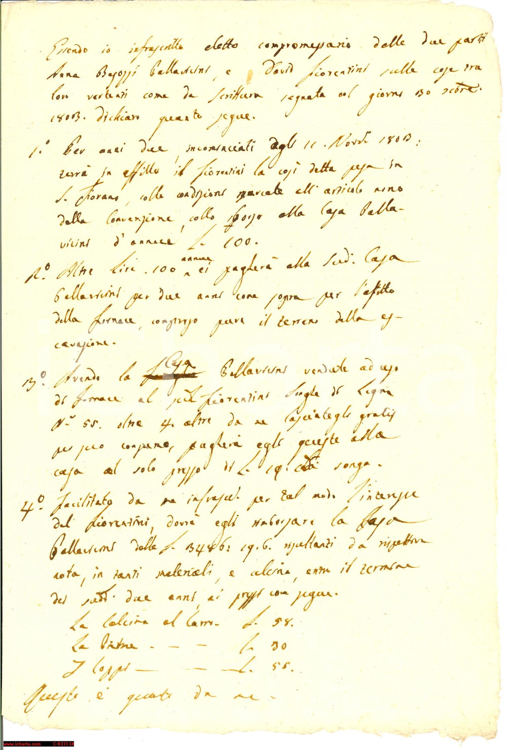 Documento originale, autentico 1803 S. FIORANO LO Affitto di un terreno con fornace 1
