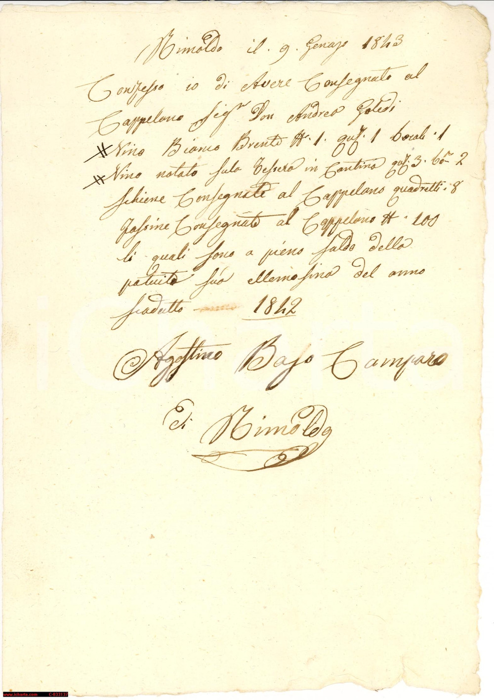 Documento originale, autentico 1843 RIMOLDO LECCO Vendita di vino al Cappellano 1