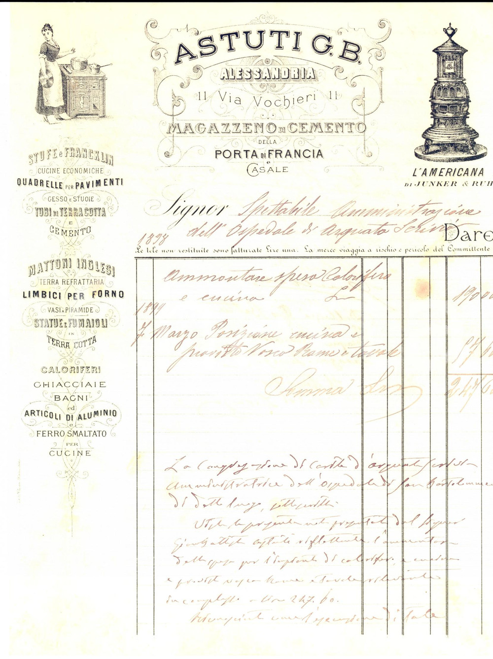Documento originale, autentico 1898 ALESSANDRIA Giovanni Battista ASTUTI Magazzeno di cemento Fattura intestata 1