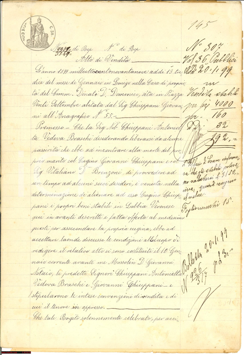 Documento originale, autentico 1899 LOBBIA SAN BONIFACIO (VR) Contr. BRASCHI CHIUPPANI 1