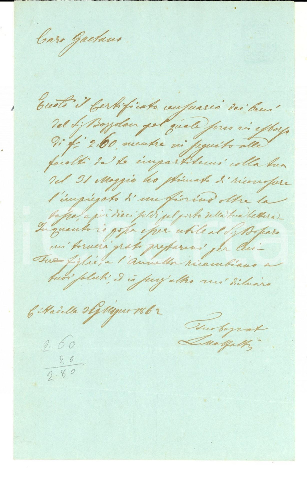 Documento originale, autentico 1862 CITTADELLA PD Lettera L. MALFATTI su documenti famiglia BOZZOLAN 1
