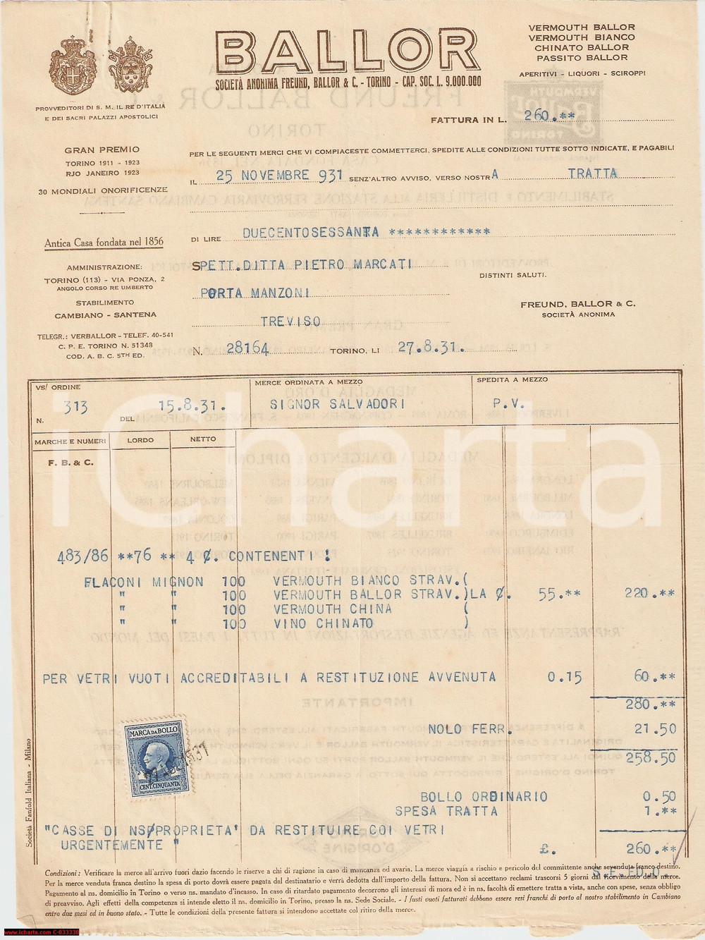 Documento originale, autentico 1931 TORINO FREUND, BALLOR & C. Fattura per Vermouth bianco 1