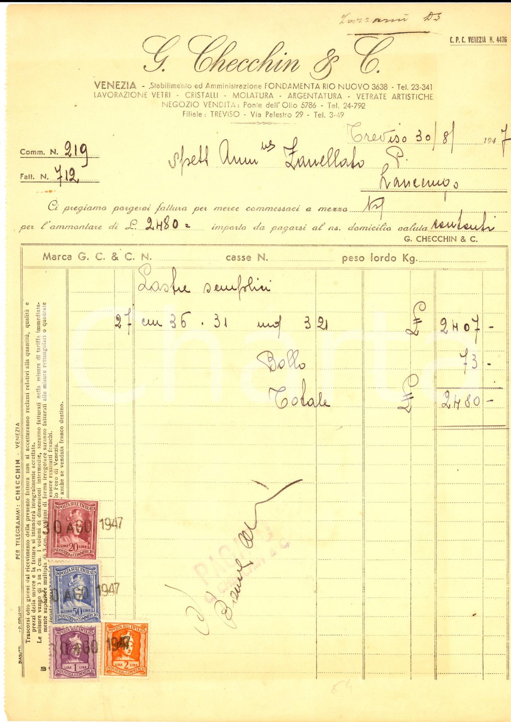 Documento originale, autentico 1947 TREVISO Ditta CHECCHIN & C. Lavorazione vetri *Fattura per lastre 1