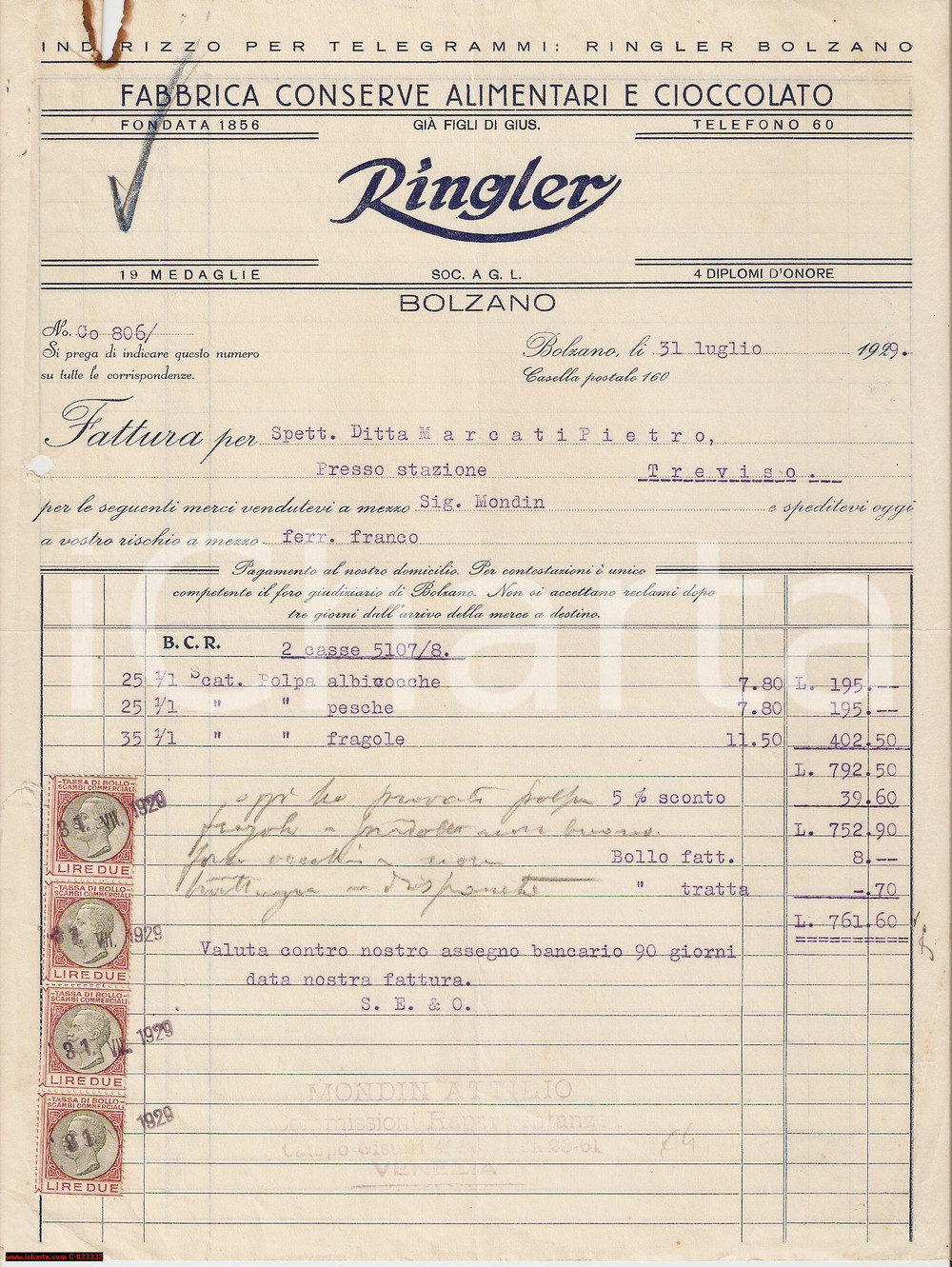 Documento originale, autentico 1929 BOLZANO Fabbrica RINGLER conserve alimentari e cioccolato *Fattura 1