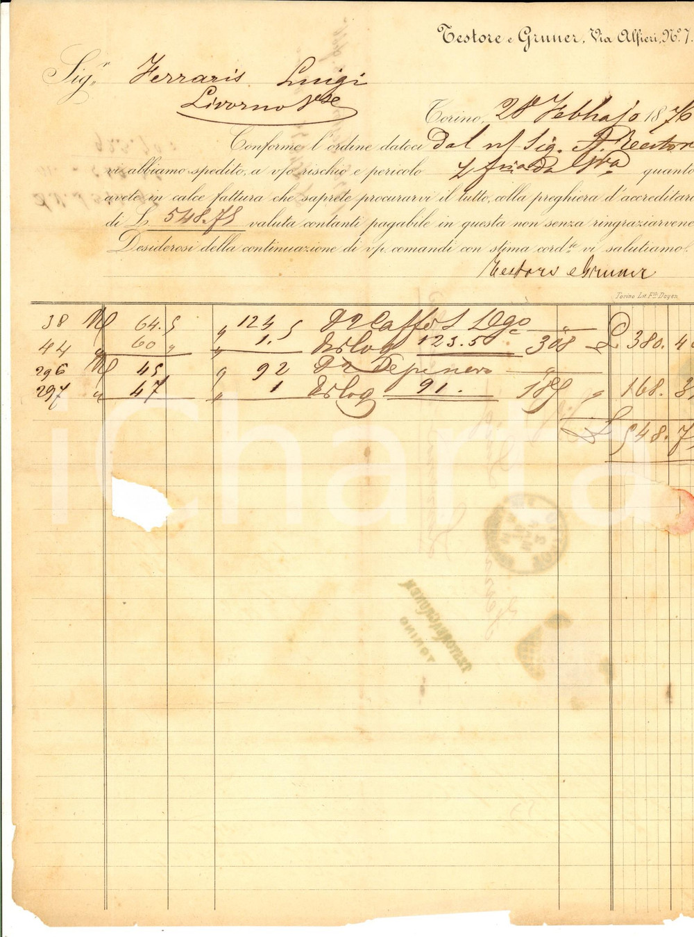 Documento originale, autentico 1876 TORINO Ditta TESTORE E GUNNER Conferma di un ordine per caffÃ¨ 1
