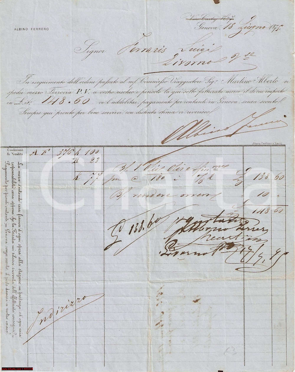 Documento originale, autentico 1875 GENOVA Albino FERRERO invia olio a Luigi FERRARIS 1