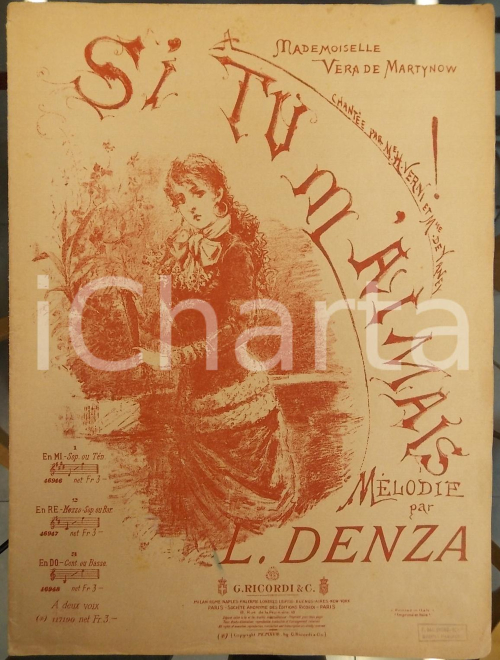 Oggetto da collezione cartaceo 1918 Luigi DENZA Si tu m aimais! Spartito canto Ed. RICORDI MILANO 1