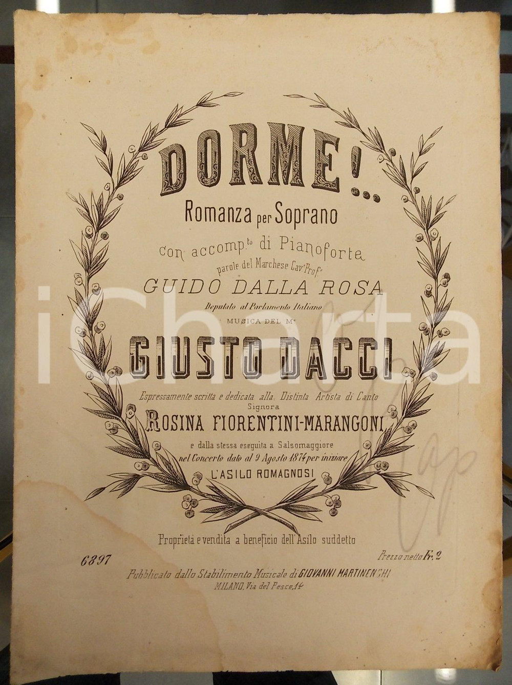 Oggetto da collezione cartaceo 1880 ca MILANO Giusto DACCI Dorme! Romanza per soprano Ed. MARTINENGHI 1