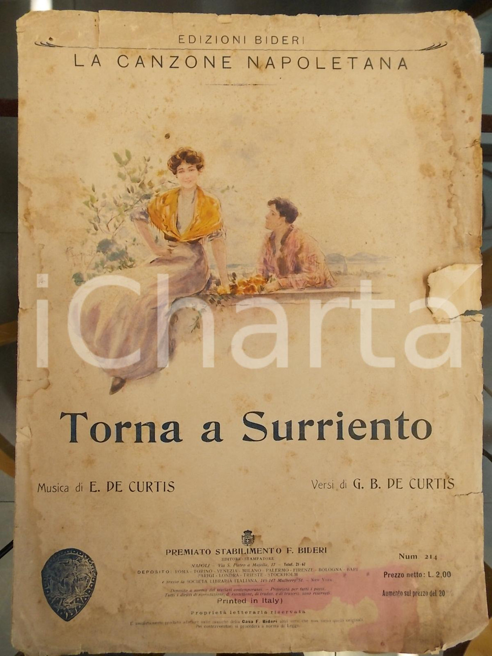 Oggetto da collezione cartaceo 1920 ca DE CURTIS Torna a Surriento Canzone napoletana Ed. BIDERI DANNEGGIATO 1