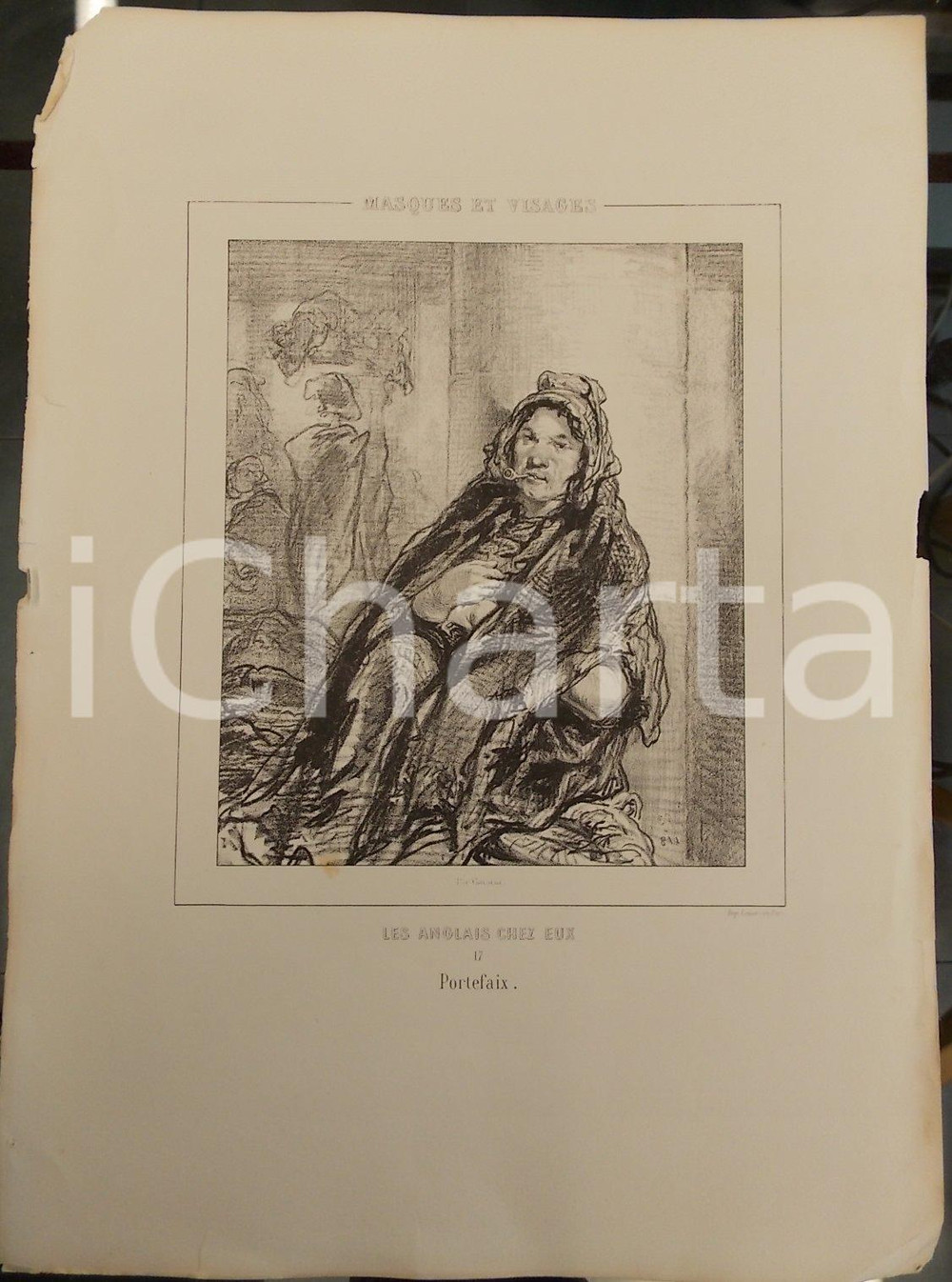 Stampa, bozzetto originale 1853 Paul GAVARNI Masques et visages - Les Anglais chez eux Tav. 17 Portefaix 1