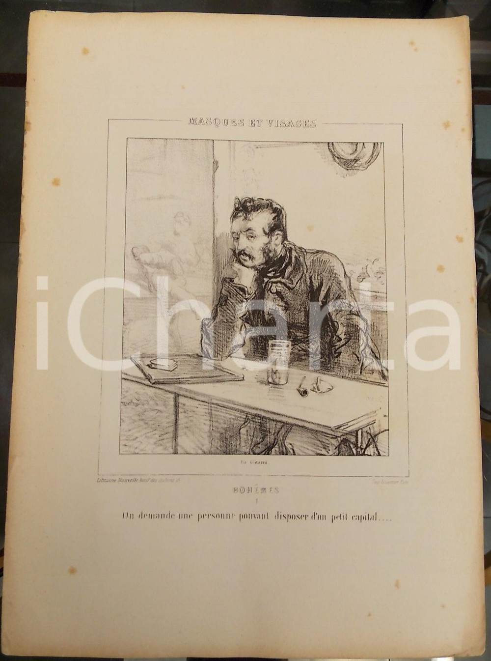Stampa, bozzetto originale 1853 Paul GAVARNI Masques et visages - BohÃ¨mes Tav. 1 Un petit capital 1