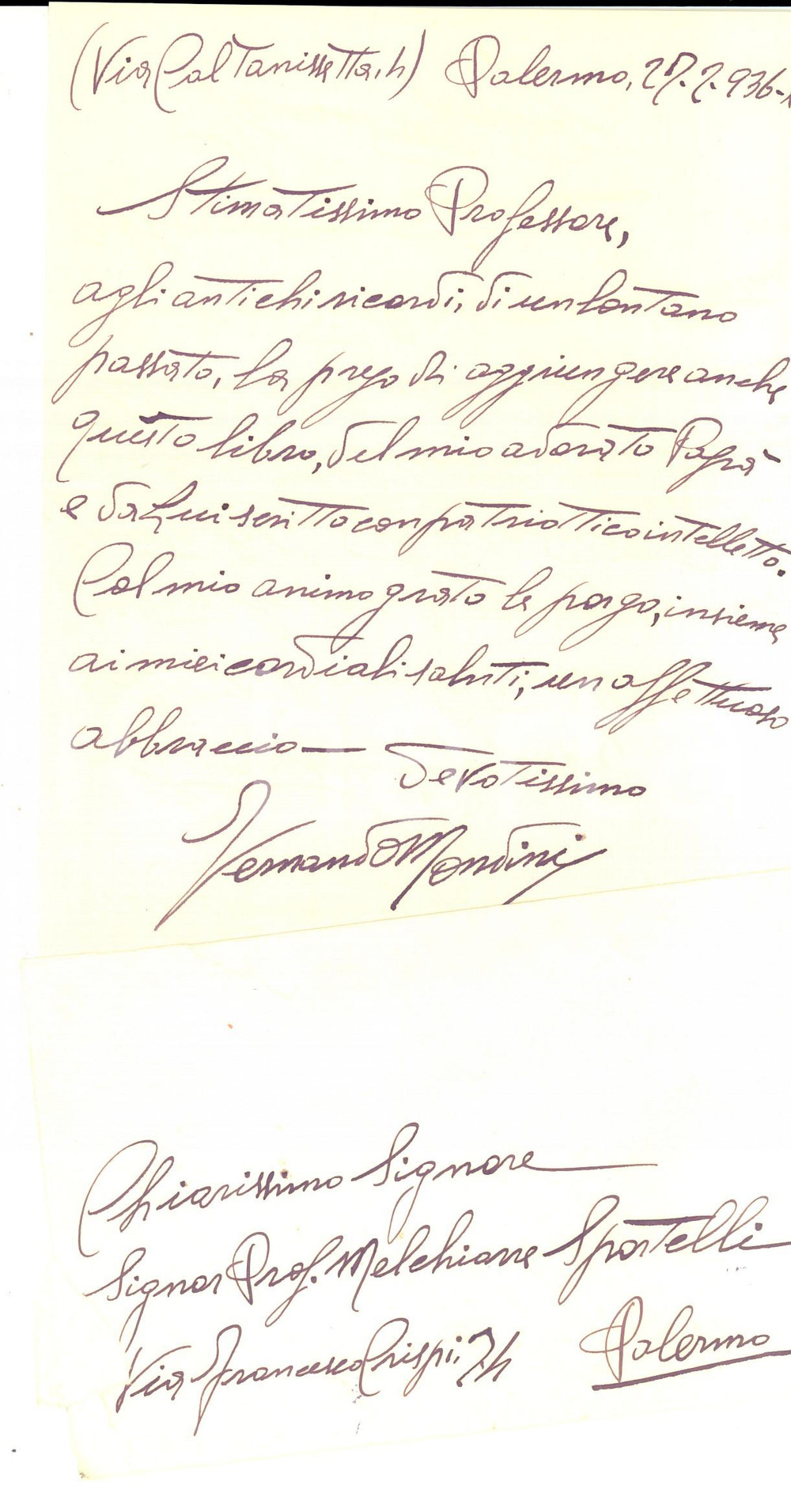 Manoscritto, lettera originale 1936 PALERMO Fernando MONDINI al prof. Melchiorre SPORTELLI Lettera 1
