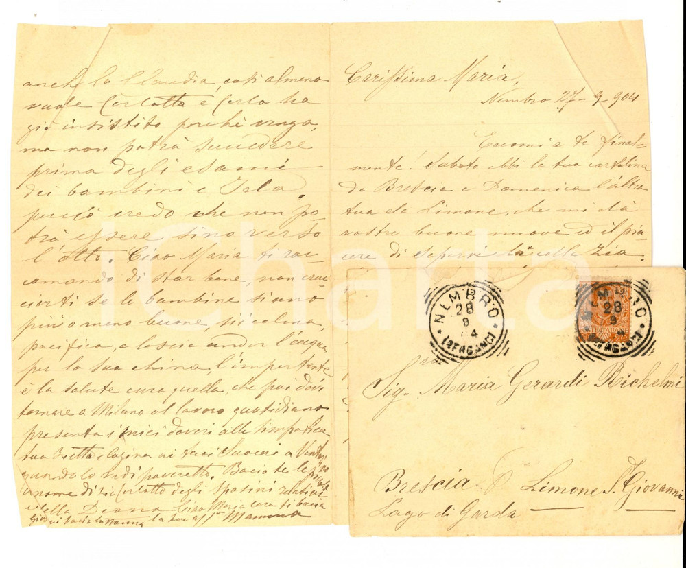 Manoscritto, lettera originale 1904 NEMBRO Nunzia RICHELMI alla figlia Maria GERARDI L importante é la salute 1
