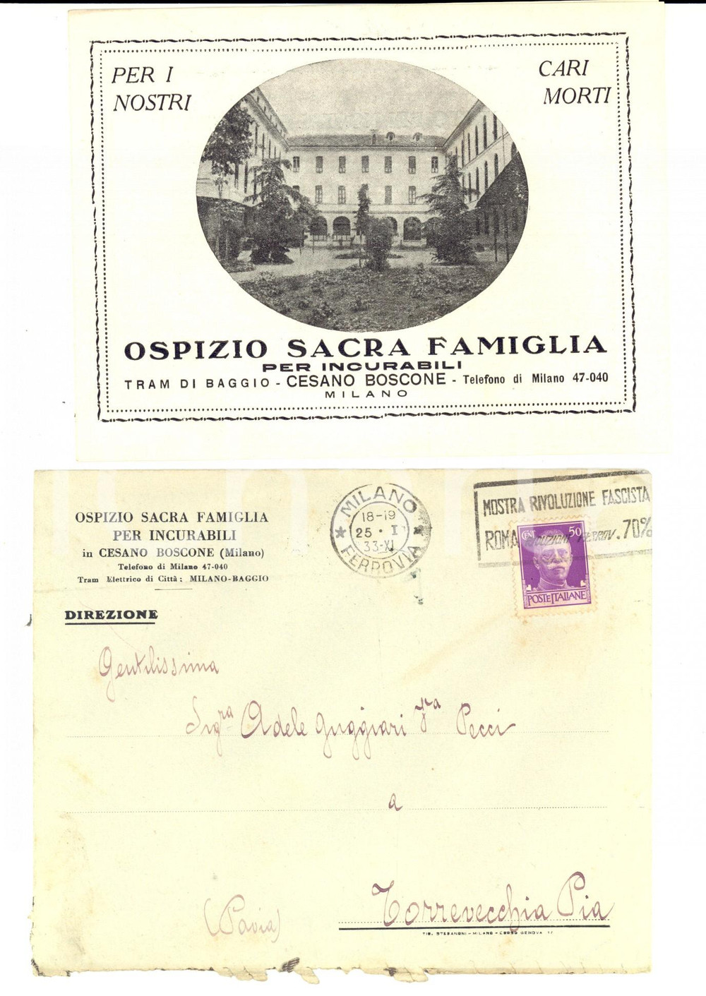 Materiale pubblicitario d’epoca 1933 CESANO BOSCONE MI Ospizio SACRA FAMIGLIA per malati incurabili Volantino 1