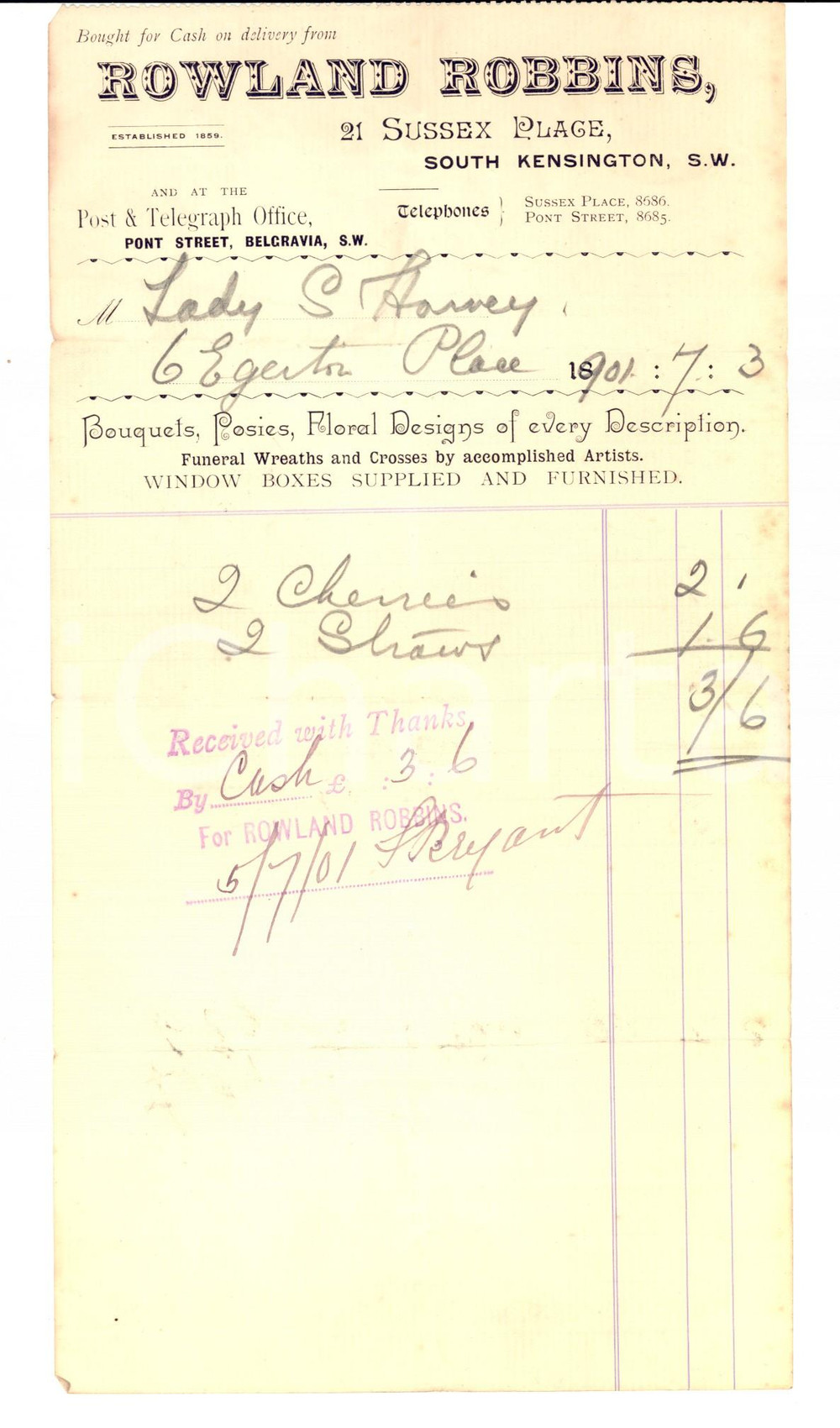 Documento originale, autentico 1901 SOUTH KENSINGTON Floral Designs ROWLAND ROBBINS Fattura 1