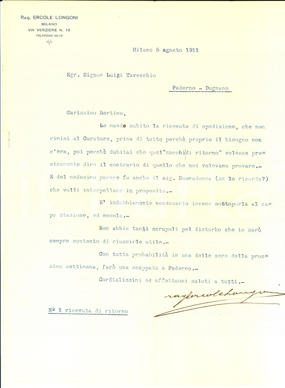 Manoscritto, lettera originale 1911 MILANO Rag. Ercole LONGONI su spedizione di sacchi a mezzo ferrovia 1