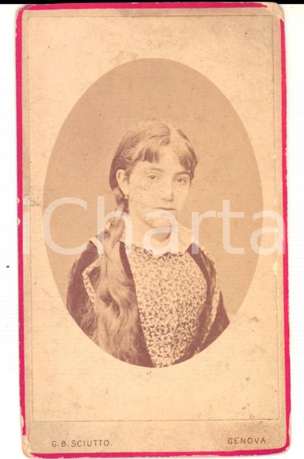 Fotografia d'epoca originale 1880 ca GENOVA Ritratto adolescente con abito fantasia *Foto G. B. SCIUTTO 1