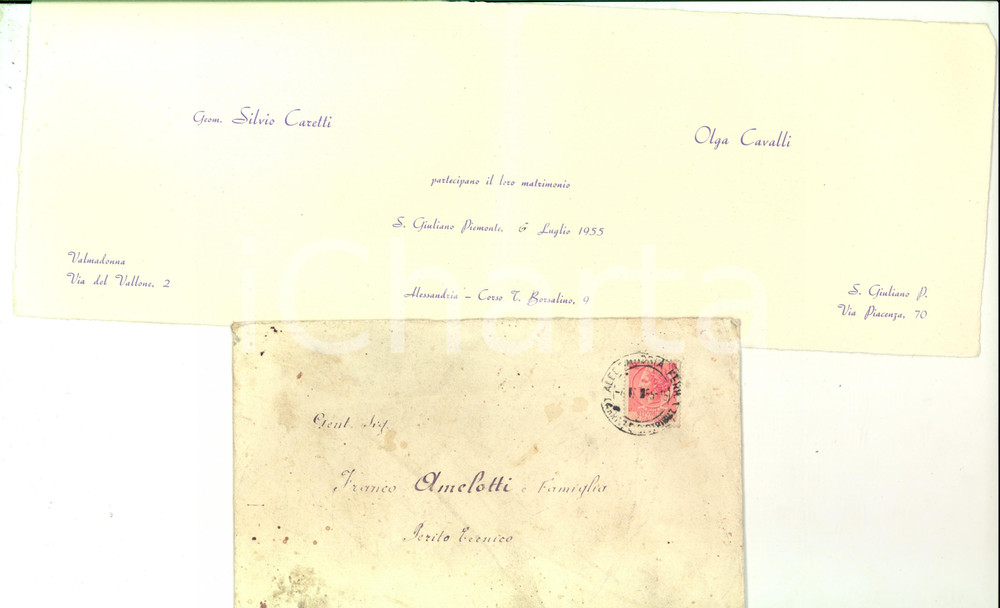 Oggetto da collezione cartaceo 1955 ALESSANDRIA Nozze tra geom. Silvio CARETTI e Olga CAVALLI *Partecipazione 1