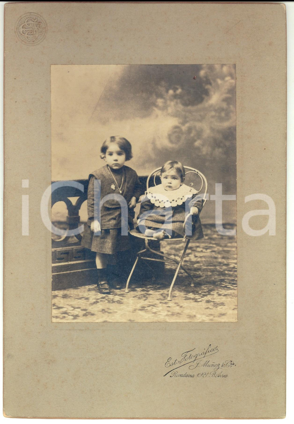 Fotografia d'epoca originale 1890 ca BUENOS AIRES Ritratto delle sorelline Giuditta e Tina *Foto MUNOZ 1