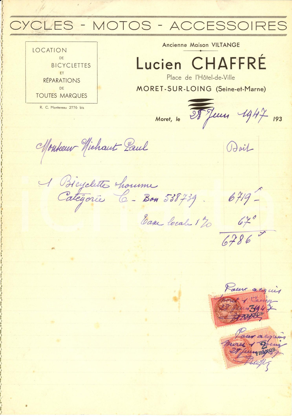 Documento originale, autentico 1947 MORETSURLOING F Lucien CHAFFRE affitto biciclette Fattura intestata 1