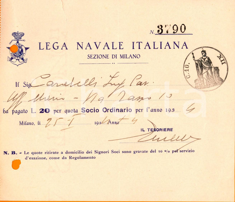 Documento originale, autentico 1934 MILANO LEGA NAVALE ITALIANA Mario CARABELLI socio ordinario *Ricevuta 1
