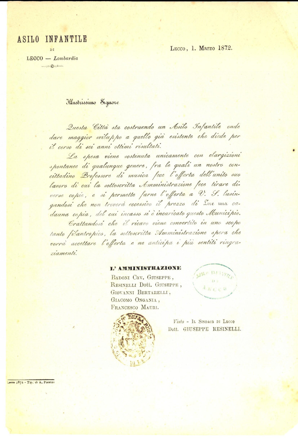 Documento originale, autentico 1872 LECCO Donazioni per la costruzione dell asilo infantile Lettera 1