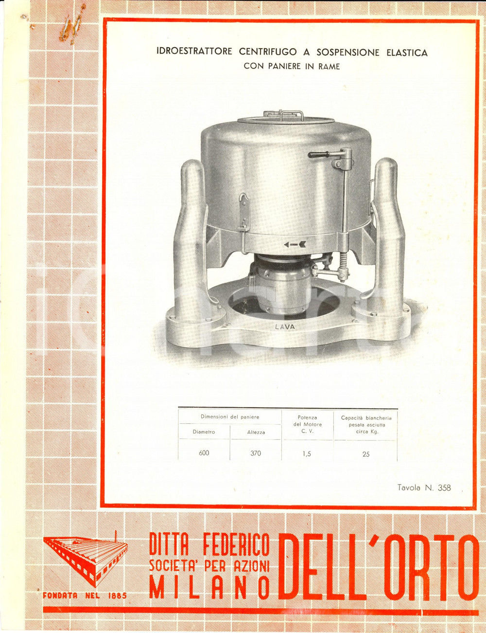 Materiale pubblicitario d’epoca 1955 ca MILANO Federico DELL'ORTO Idroestrattore centrifugo con paniere in rame 1