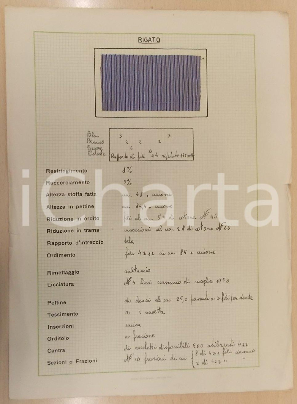 Oggetto da collezione cartaceo 1939 BERGAMO Angelo GALIGNANI Studi su campionari tessili - Tessuto rigato 1